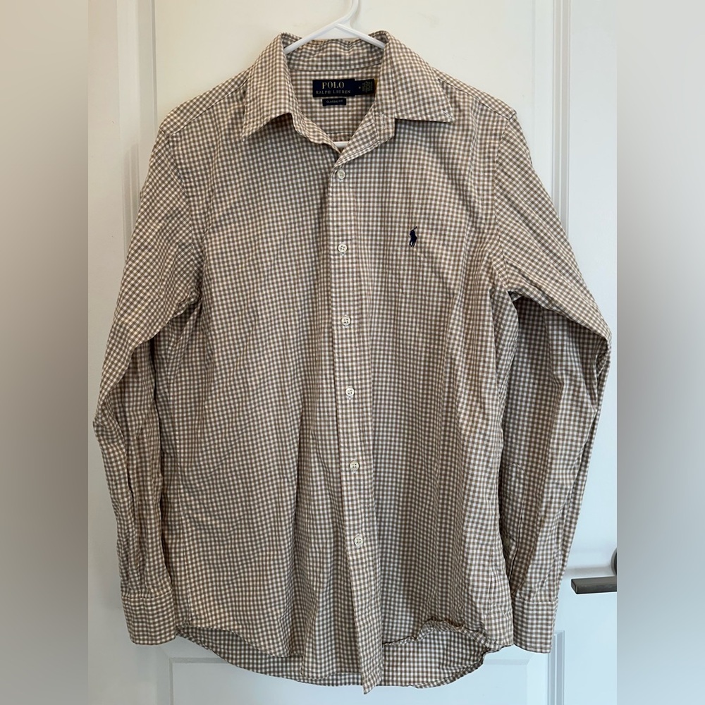 Ralph Lauren Men's Beige Checkered Button Down Shirt